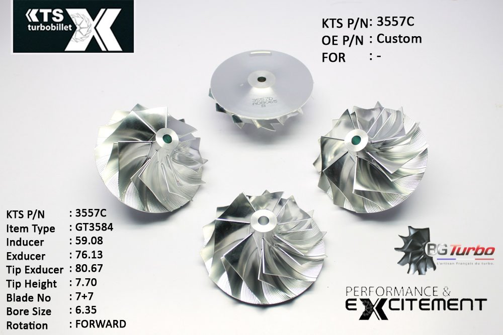 Turbo ROUE FORGÉE MFS PERFORMANCE - 7+7 PALES - INDUCER : 59,08 - EXDUCER : 76,13 - TYPE : GT3584ANGLE : 45° - ROTATION : Forward - SUPER BACK : 2,36 - BORE SIZE : 6,35
